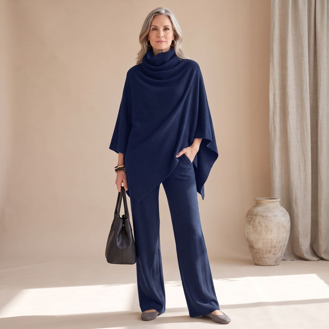 Women's Turtleneck Drape Poncho Top Wide-Leg Pants Two Piece Set - Navy Blue