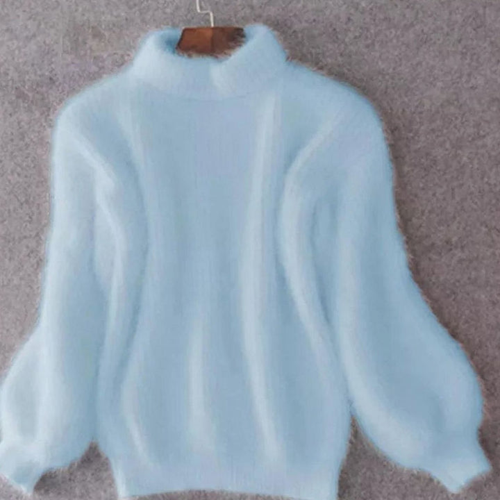Women's Turtleneck Fuzzy Angora Loose Knit Sweater - Blue
