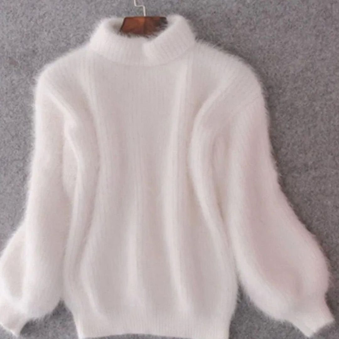 Women's Turtleneck Fuzzy Angora Loose Knit Sweater - White