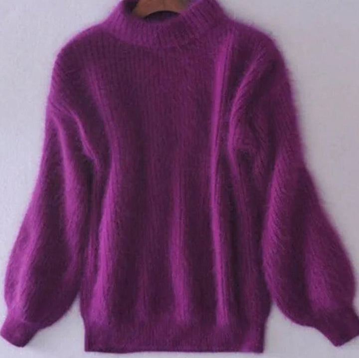 Women's Turtleneck Fuzzy Angora Loose Knit Sweater - Purple