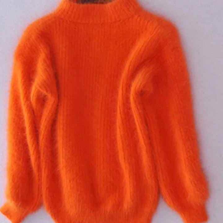Women's Turtleneck Fuzzy Angora Loose Knit Sweater - Orange