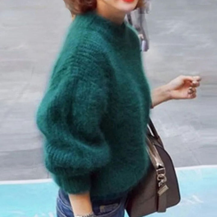 Women's Turtleneck Fuzzy Angora Loose Knit Sweater - Green