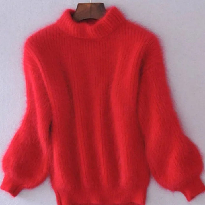 Women's Turtleneck Fuzzy Angora Loose Knit Sweater - Red