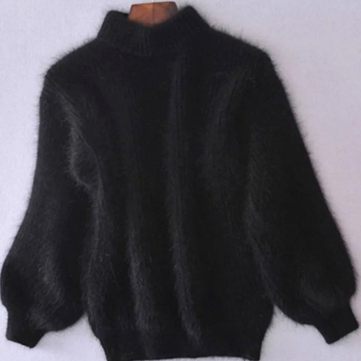 Women's Turtleneck Fuzzy Angora Loose Knit Sweater - Black