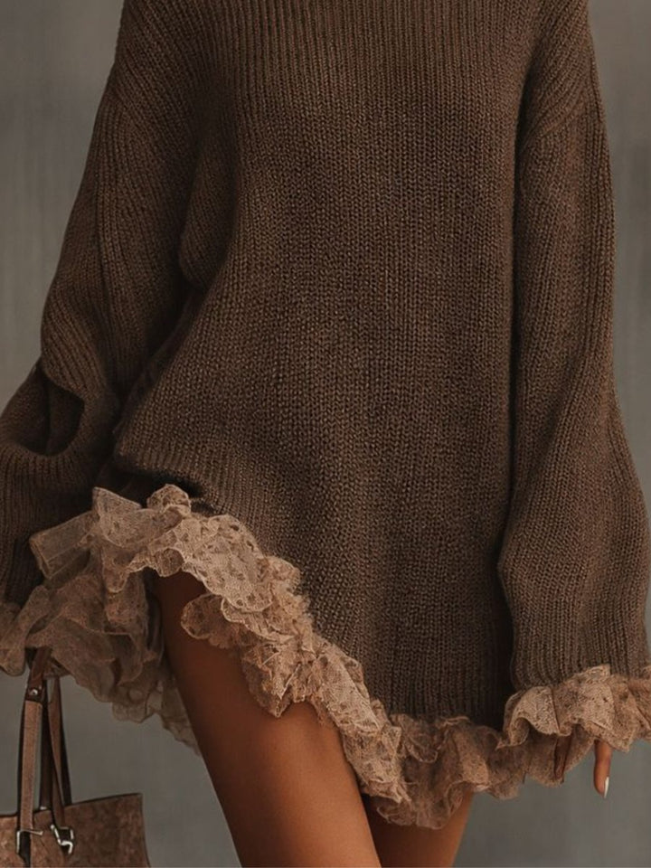 Women's Turtleneck Knit Lace-Hem Formal Dresses Oversized Sweater