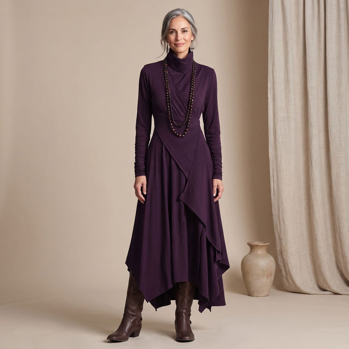 Women's Turtleneck Long Sleeve Asymmetric Maxi Dress - Purple
