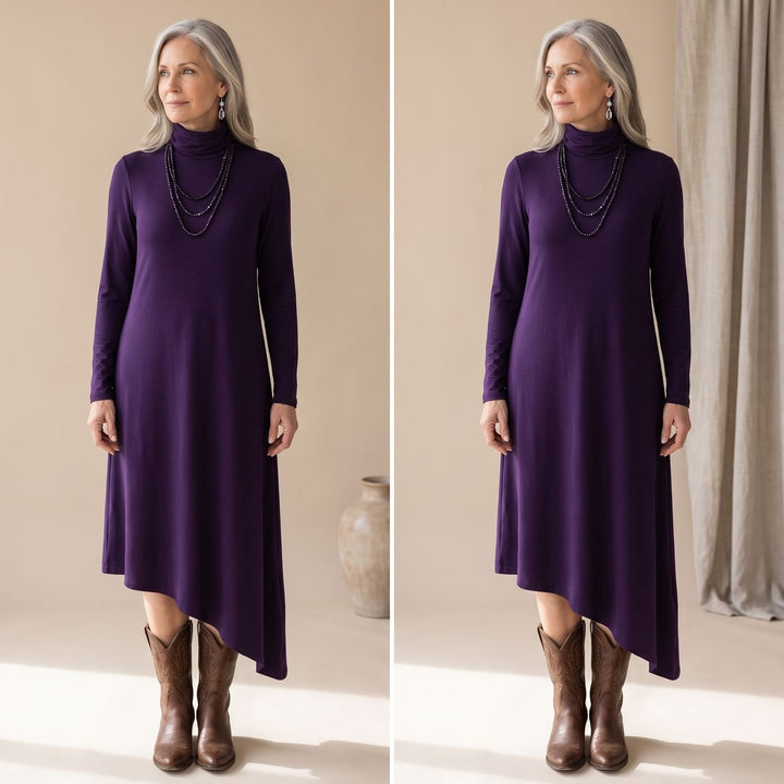 Women's Turtleneck Long Sleeve Asymmetric Maxi Dress