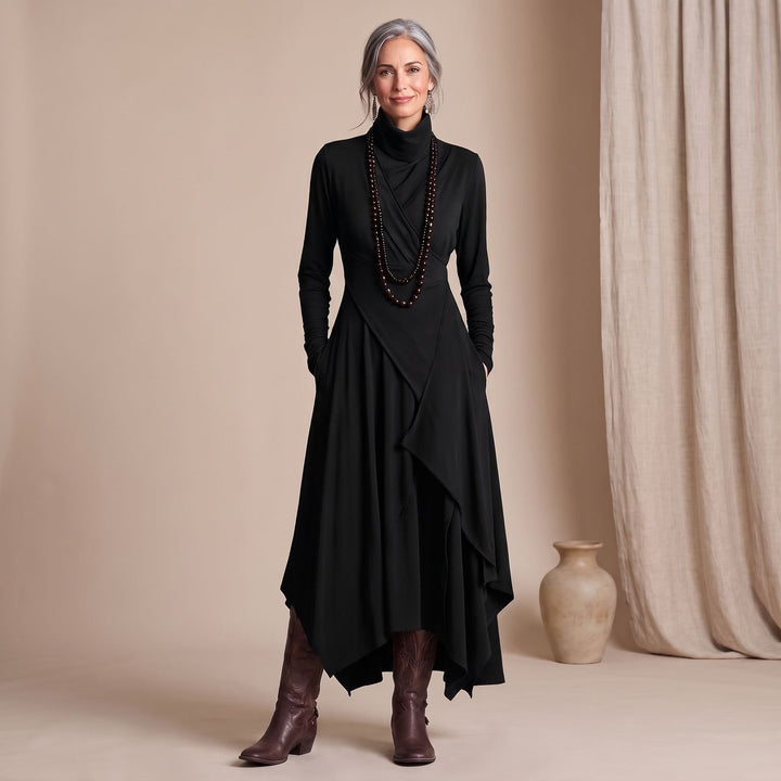 Women's Turtleneck Long Sleeve Asymmetric Maxi Dress