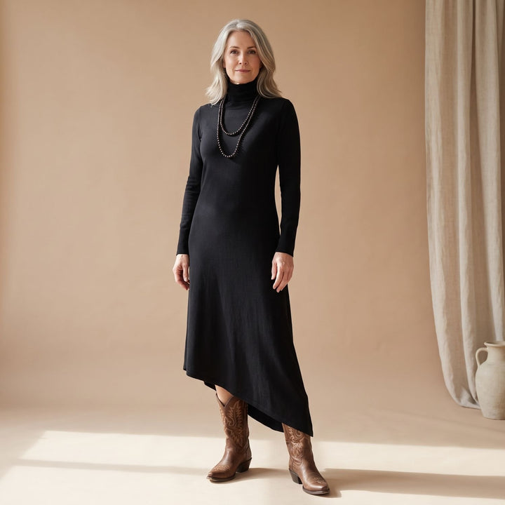 Women's Turtleneck Long Sleeve Asymmetric Maxi Dress - Black