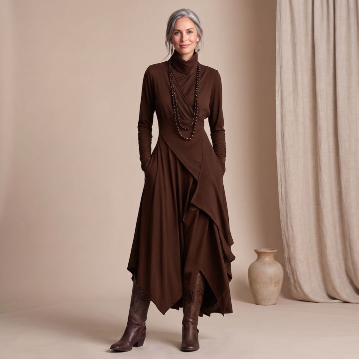 Women's Turtleneck Long Sleeve Asymmetric Maxi Dress - Brown