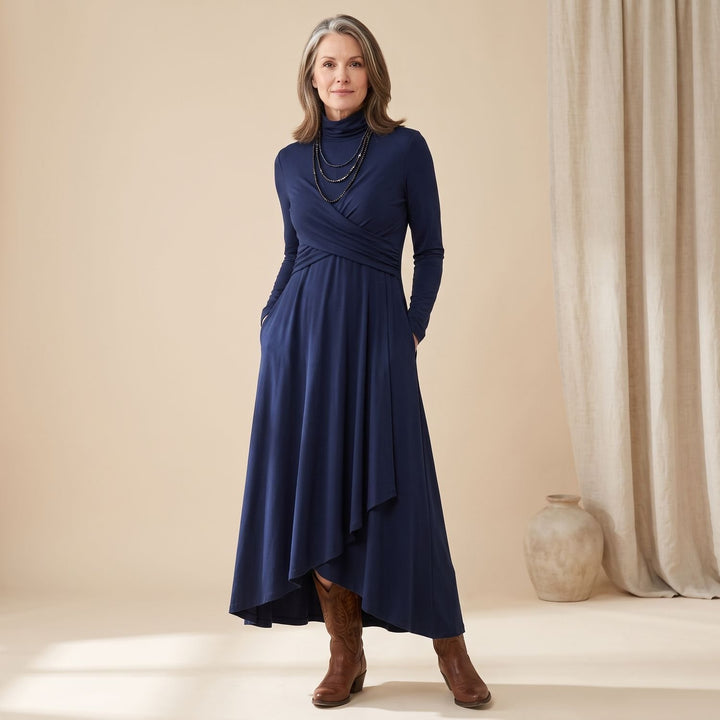 Women's Turtleneck Long Sleeve Asymmetric Maxi Dress - Navy
