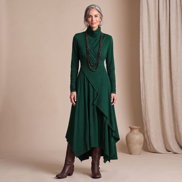 Women's Turtleneck Long Sleeve Asymmetric Maxi Dress - Green