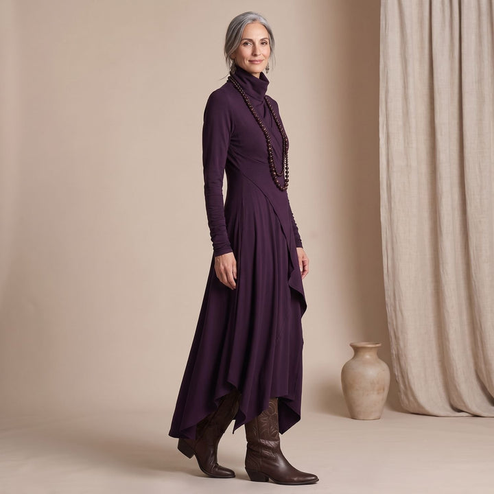 Women's Turtleneck Long Sleeve Asymmetric Maxi Dress