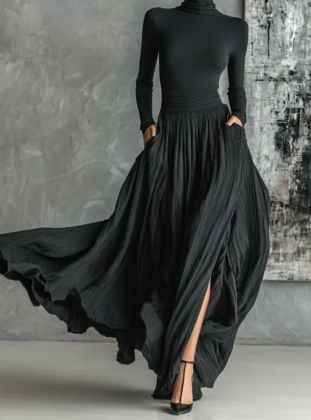 Women's Turtleneck Long Sleeve Top Pleated Maxi Skirt Two Piece Set - Black
