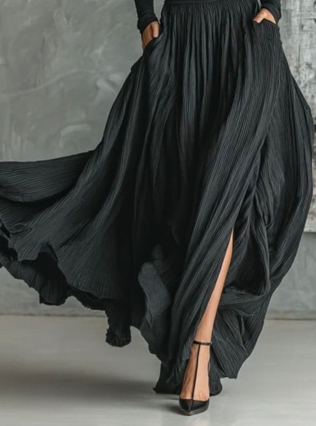 Women's Turtleneck Long Sleeve Top Pleated Maxi Skirt Two Piece Set