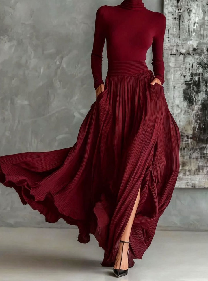 Women's Turtleneck Long Sleeve Top Pleated Maxi Skirt Two Piece Set - Dark Red