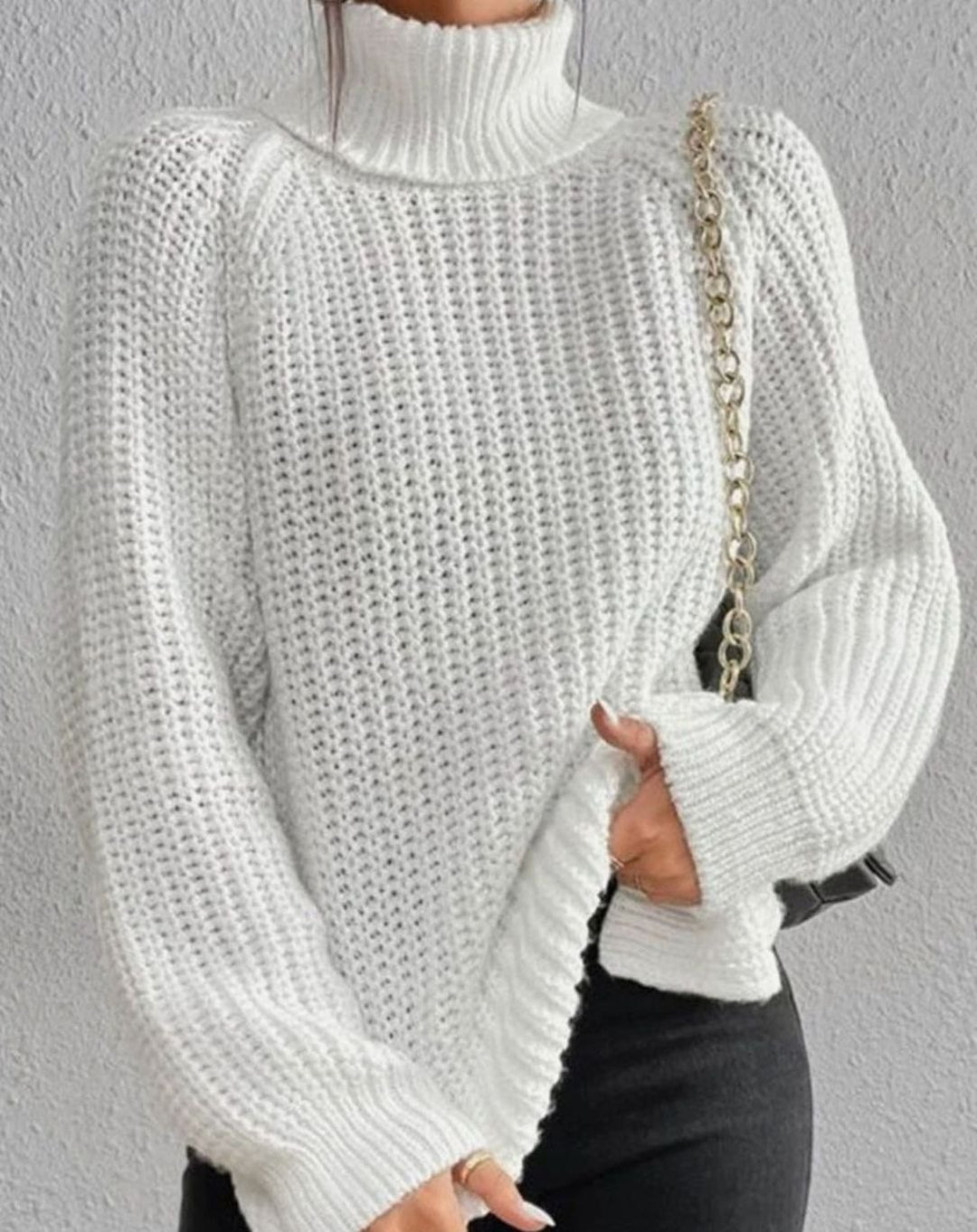 Women's Turtleneck Ribbed Knit Sweater Relaxed-Fit Long-Sleeve Pullover - White