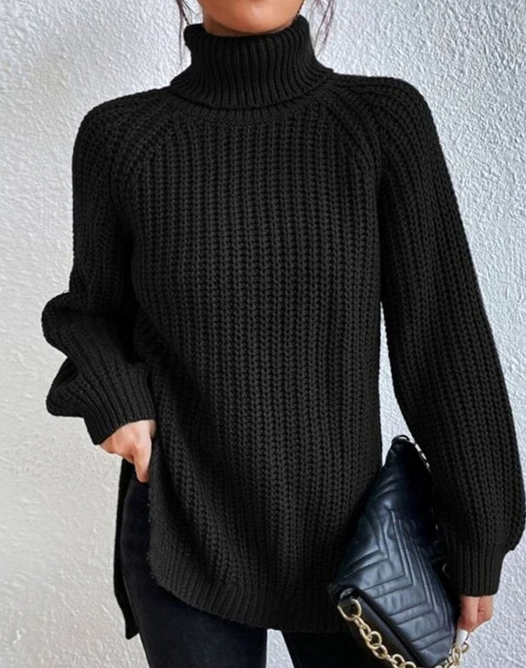 Women's Turtleneck Ribbed Knit Sweater Relaxed-Fit Long-Sleeve Pullover - Black