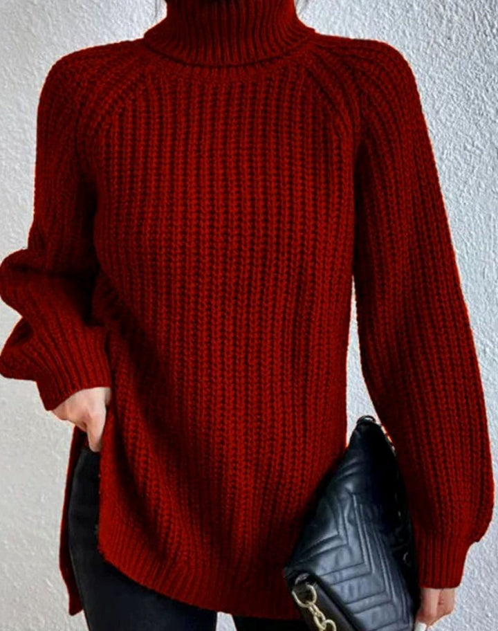 Women's Turtleneck Ribbed Knit Sweater Relaxed-Fit Long-Sleeve Pullover - Burgundy