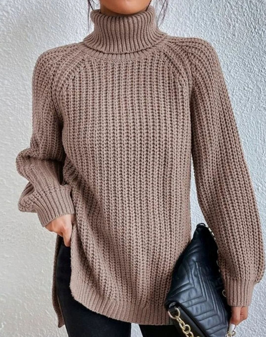 Women's Turtleneck Ribbed Knit Sweater Relaxed-Fit Long-Sleeve Pullover - Khaki
