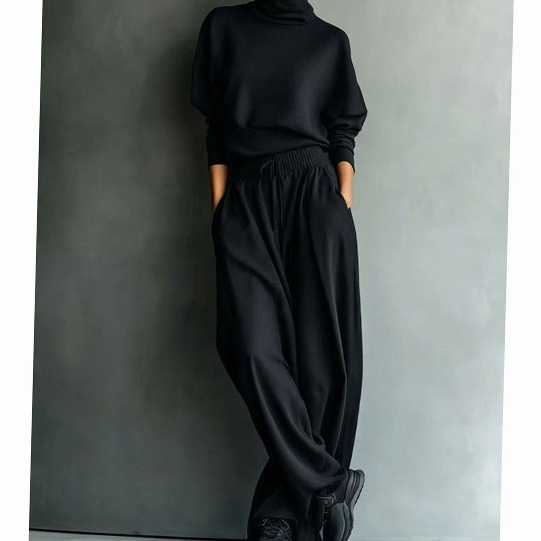 Women's Turtleneck Wide-Leg Two-Piece Sweater Set - Black