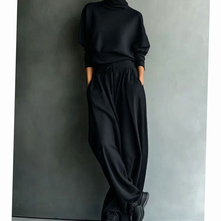 Women's Turtleneck Wide-Leg Two-Piece Sweater Set - Black
