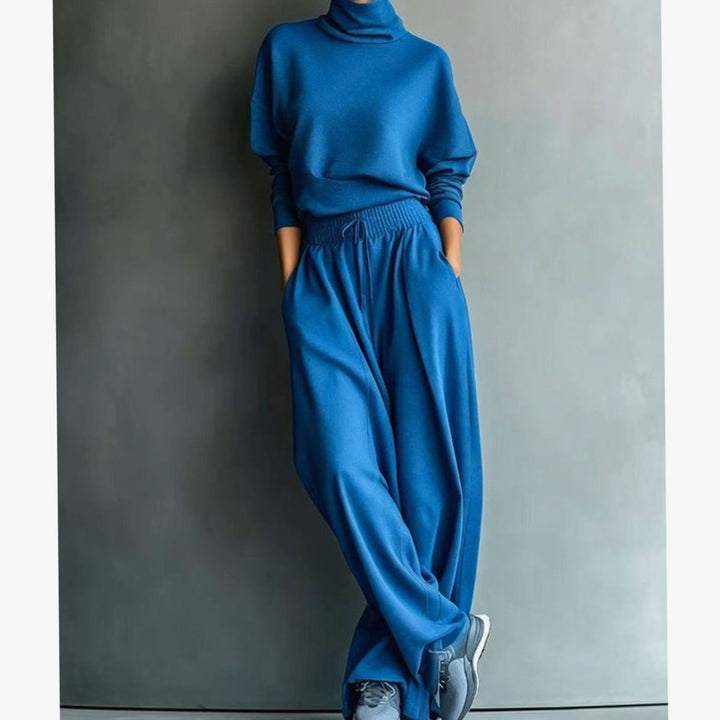 Women's Turtleneck Wide-Leg Two-Piece Sweater Set - Blue