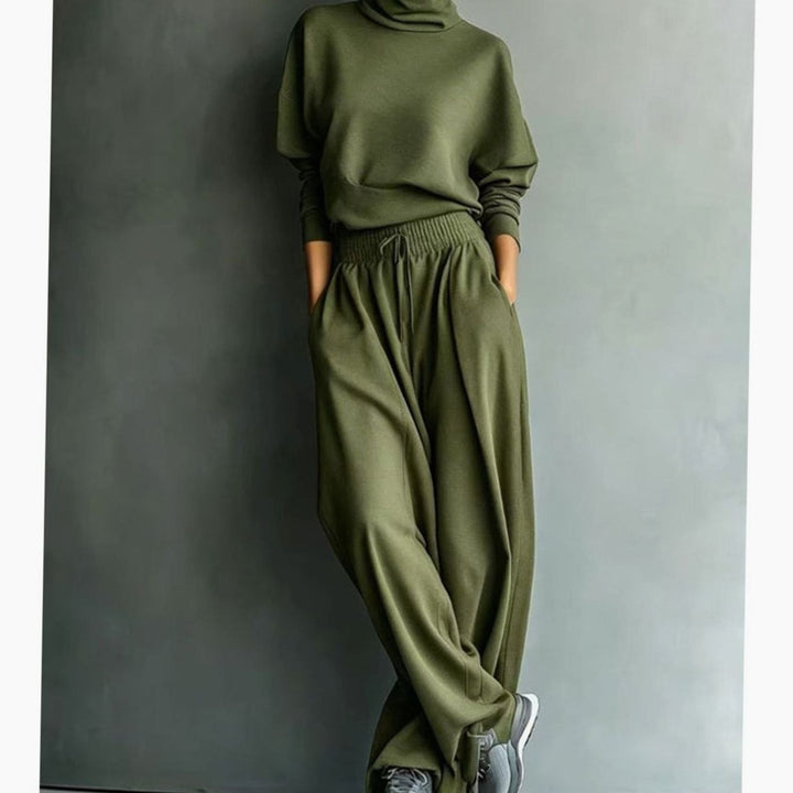 Women's Turtleneck Wide-Leg Two-Piece Sweater Set - Olive