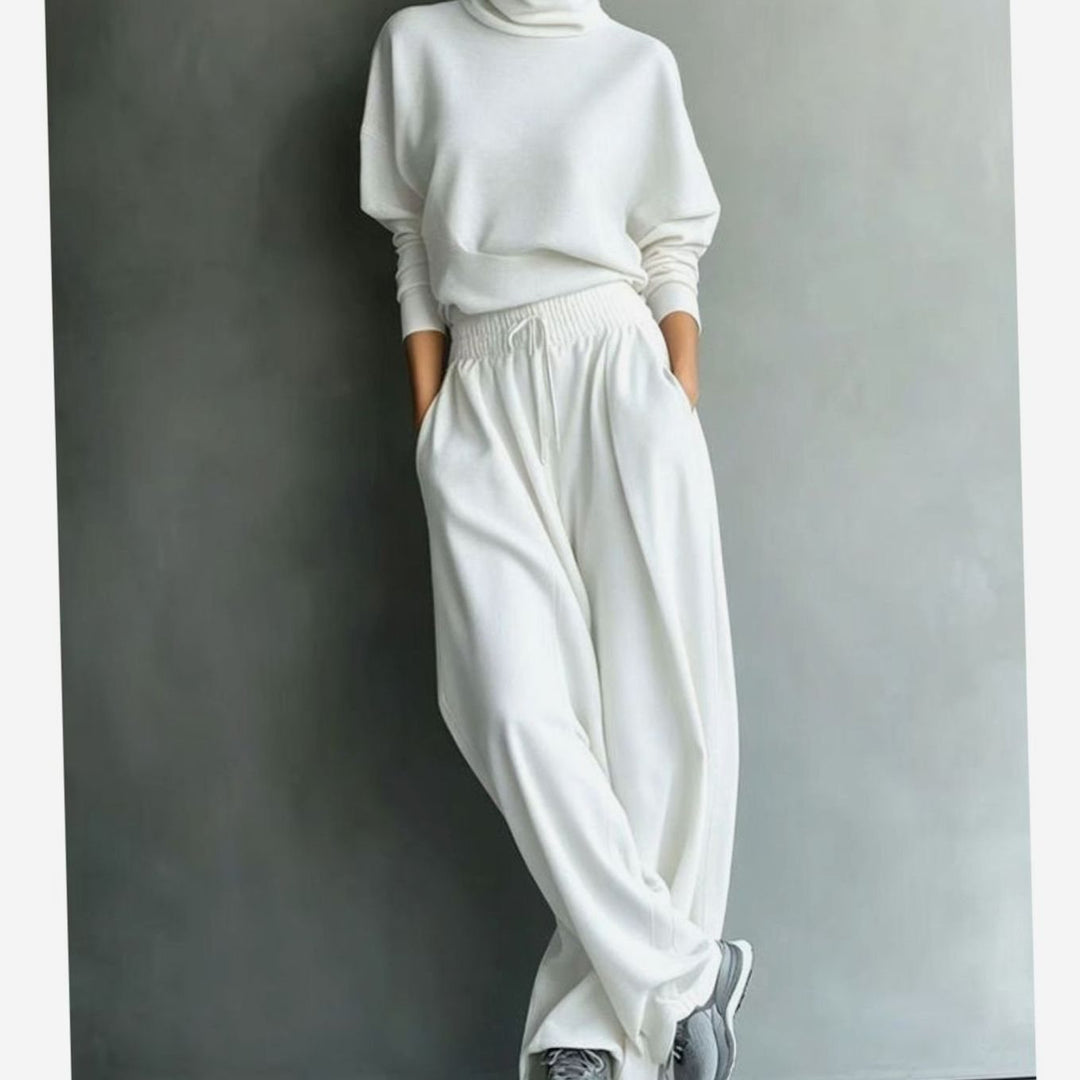 Women's Turtleneck Wide-Leg Two-Piece Sweater Set - Cream