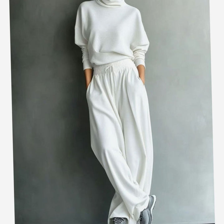Women's Turtleneck Wide-Leg Two-Piece Sweater Set - Cream