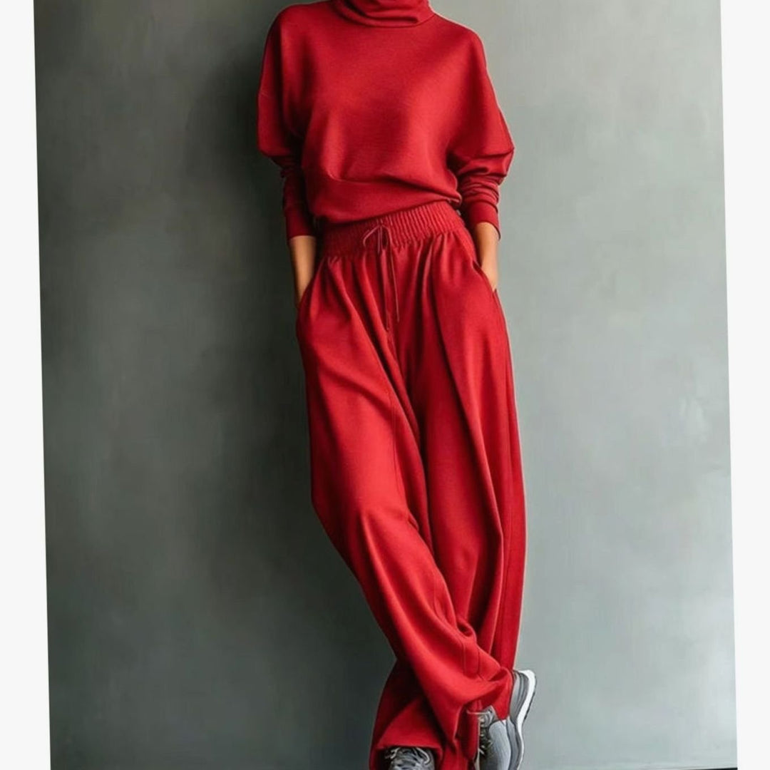 Women's Turtleneck Wide-Leg Two-Piece Sweater Set - Red