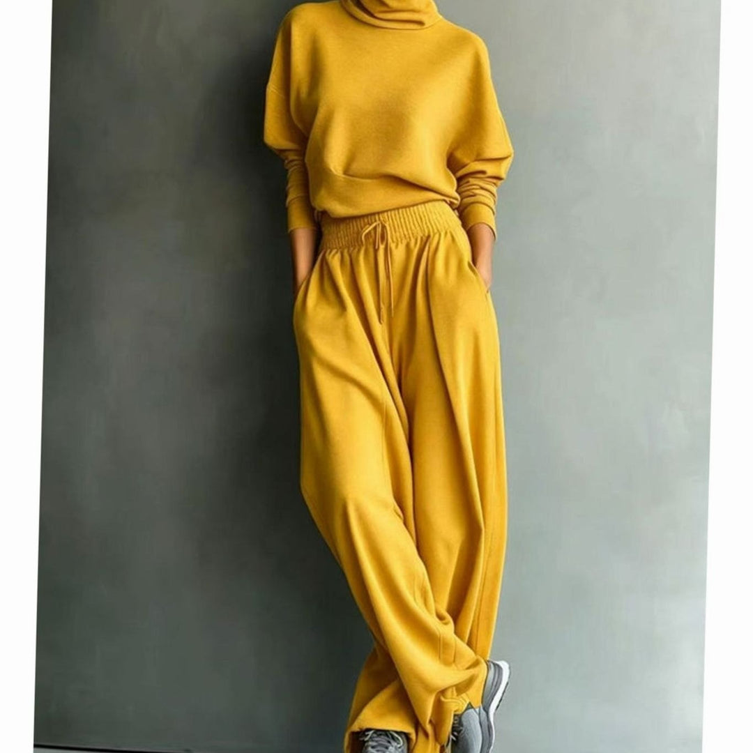 Women's Turtleneck Wide-Leg Two-Piece Sweater Set - Mustard