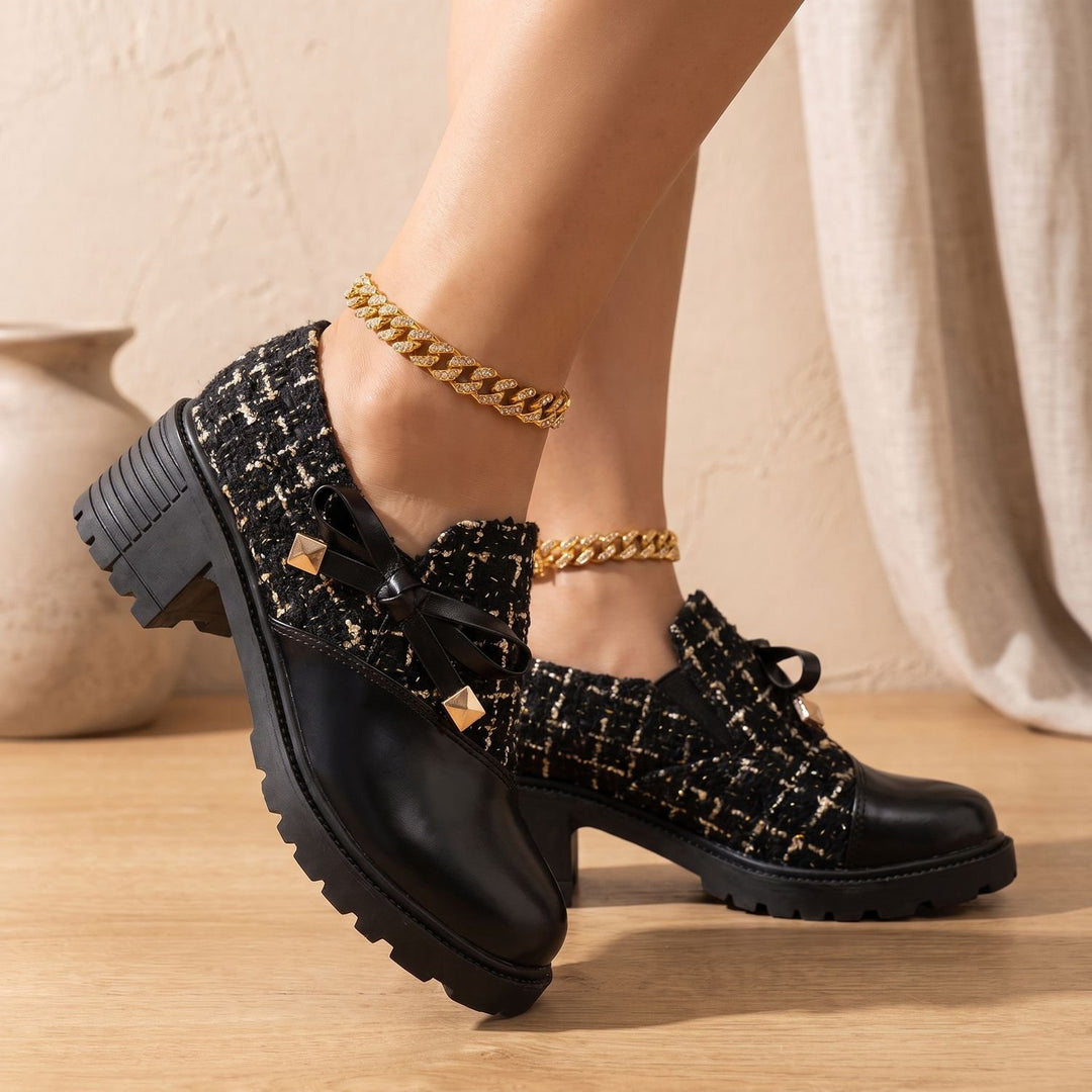 Women's Tweed Block Heel Ankle Boots Buckle Detail - Black