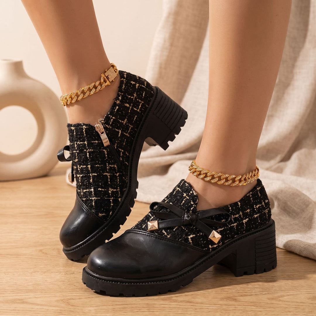 Women's Tweed Block Heel Ankle Boots Buckle Detail