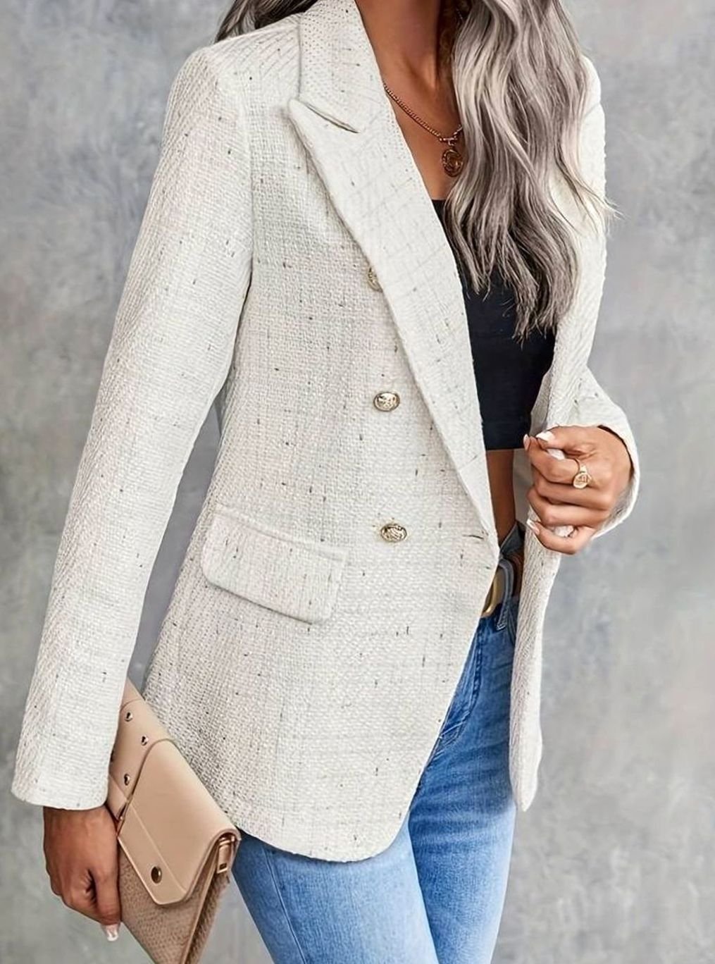 Women's Tweed Double-Breasted Blazer Structured Long-Sleeve Jacket - Beige