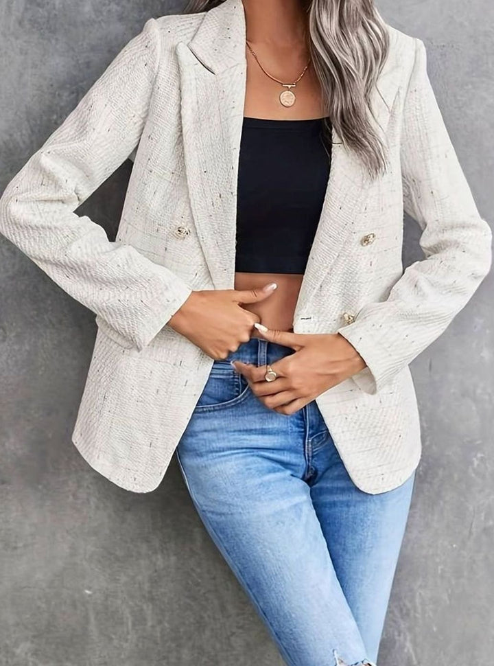 Women's Tweed Double-Breasted Blazer Structured Long-Sleeve Jacket