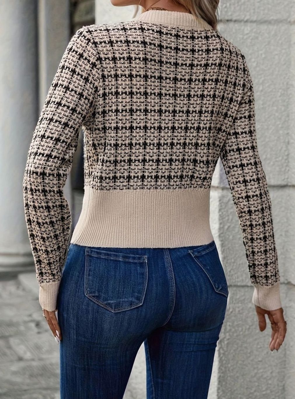 Women's Tweed-Style Gold-Button Cropped Knit Cardigan