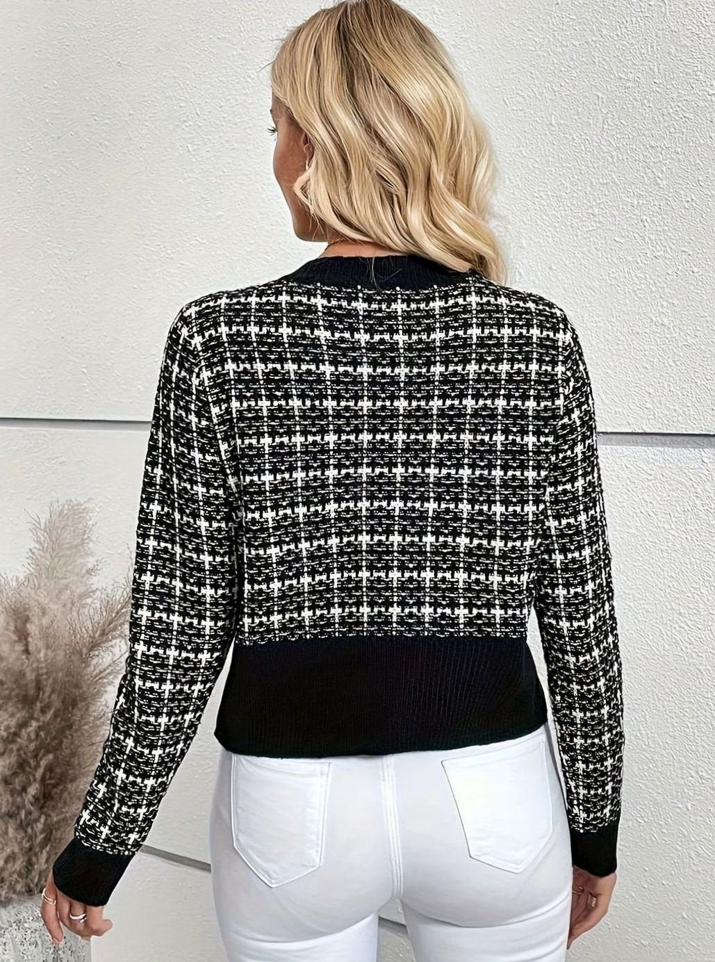 Women's Tweed-Style Gold-Button Cropped Knit Cardigan