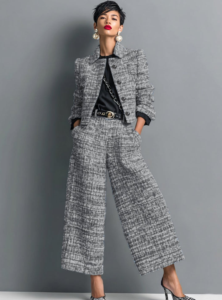 Women's Tweed Two-Piece Wide-Leg Pants Blazer Set - Black