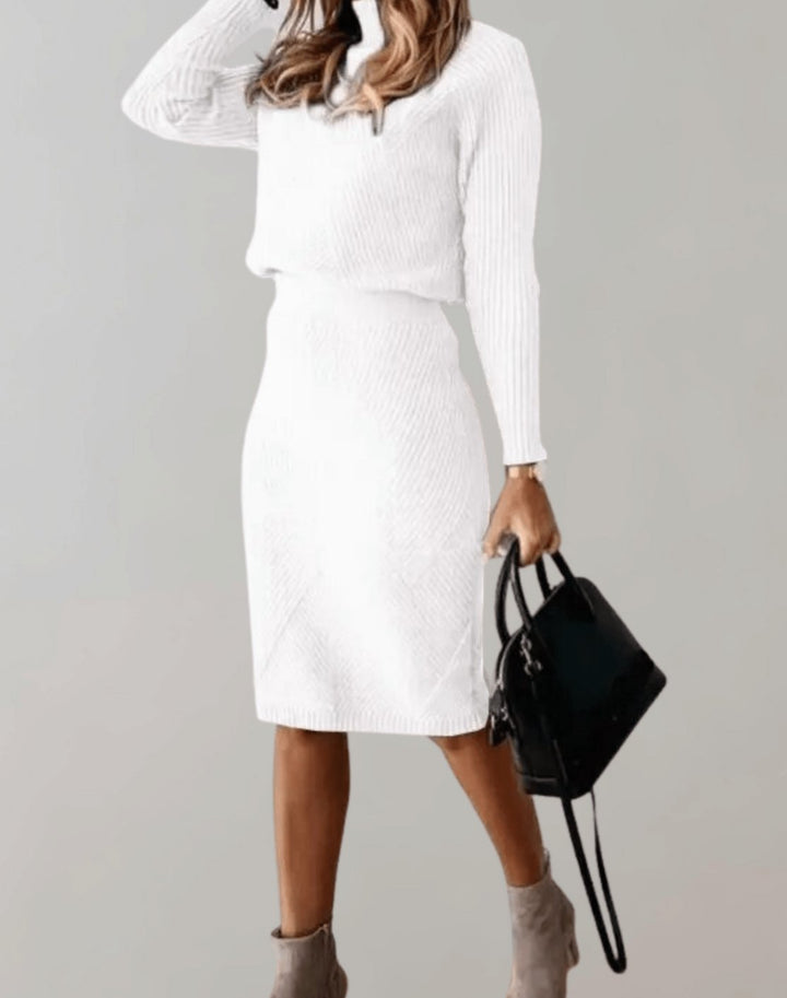 Women's Two-Piece Knit Turtleneck Sweater Midi Skirt Set - White