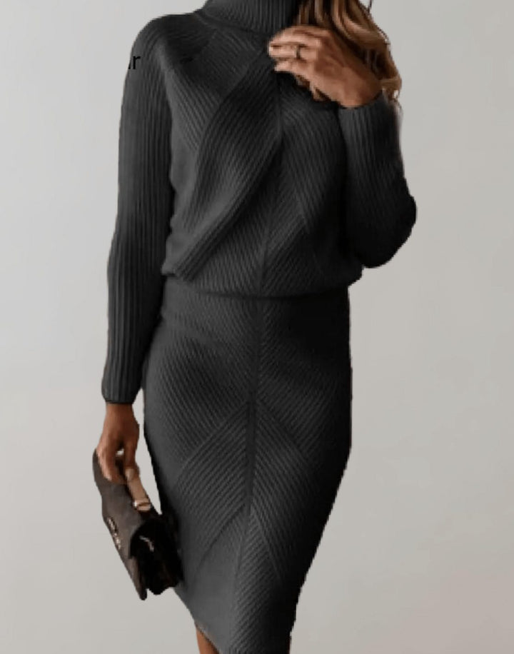 Women's Two-Piece Knit Turtleneck Sweater Midi Skirt Set - Dark Gray