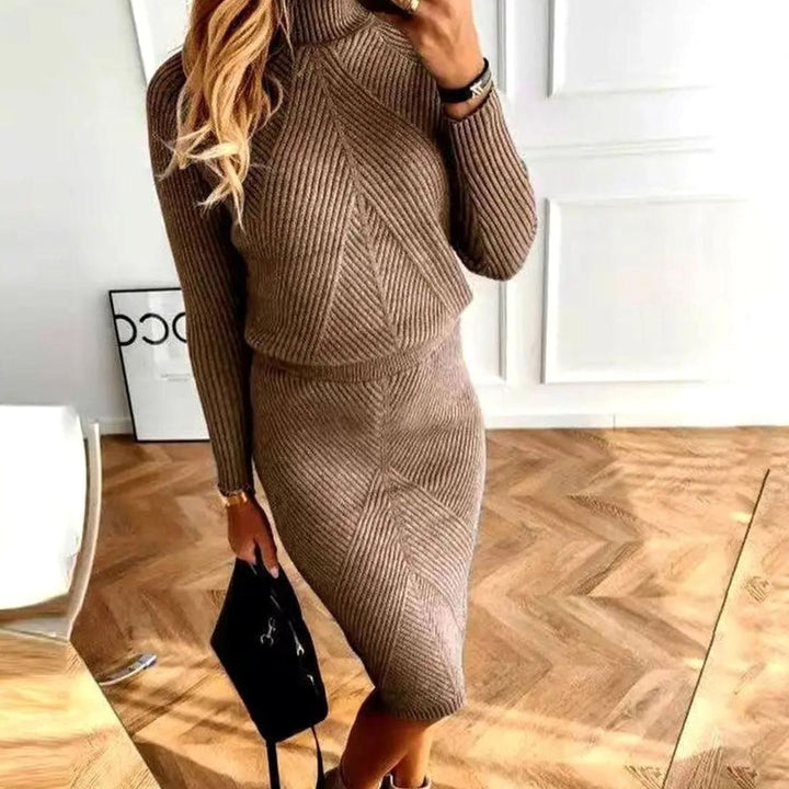 Women's Two-Piece Knit Turtleneck Sweater Midi Skirt Set - Brown