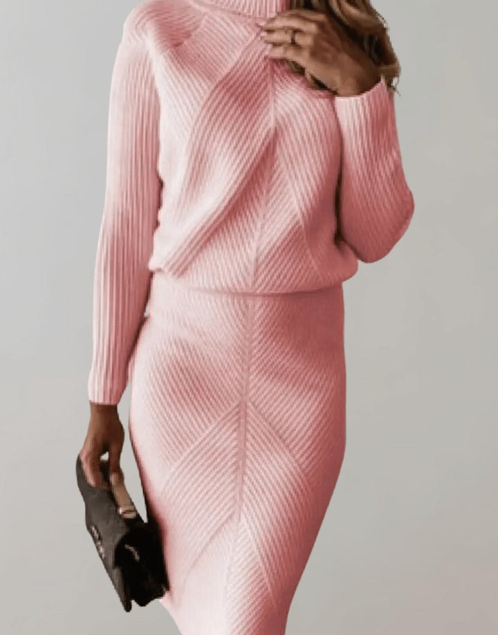Women's Two-Piece Knit Turtleneck Sweater Midi Skirt Set - Pink
