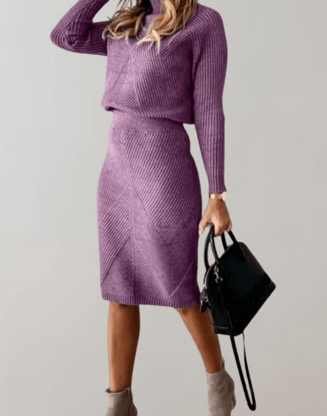 Women's Two-Piece Knit Turtleneck Sweater Midi Skirt Set - Purple