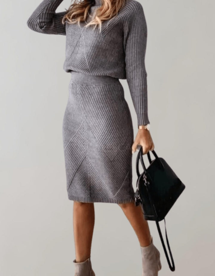 Women's Two-Piece Knit Turtleneck Sweater Midi Skirt Set - Gray