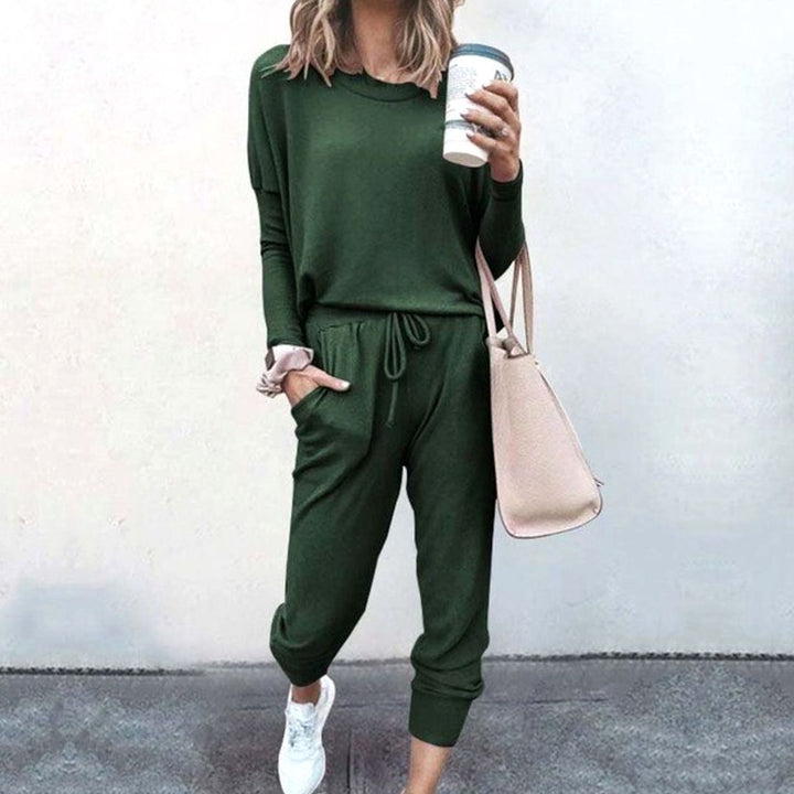 Women's Two-Piece Long-Sleeve Drawstring Jogger Loungewear Sets - Green