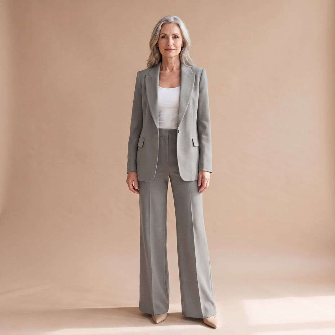 Women's Two Piece Set Blazer High-Waist Straight-Leg Pants Suit - Gray