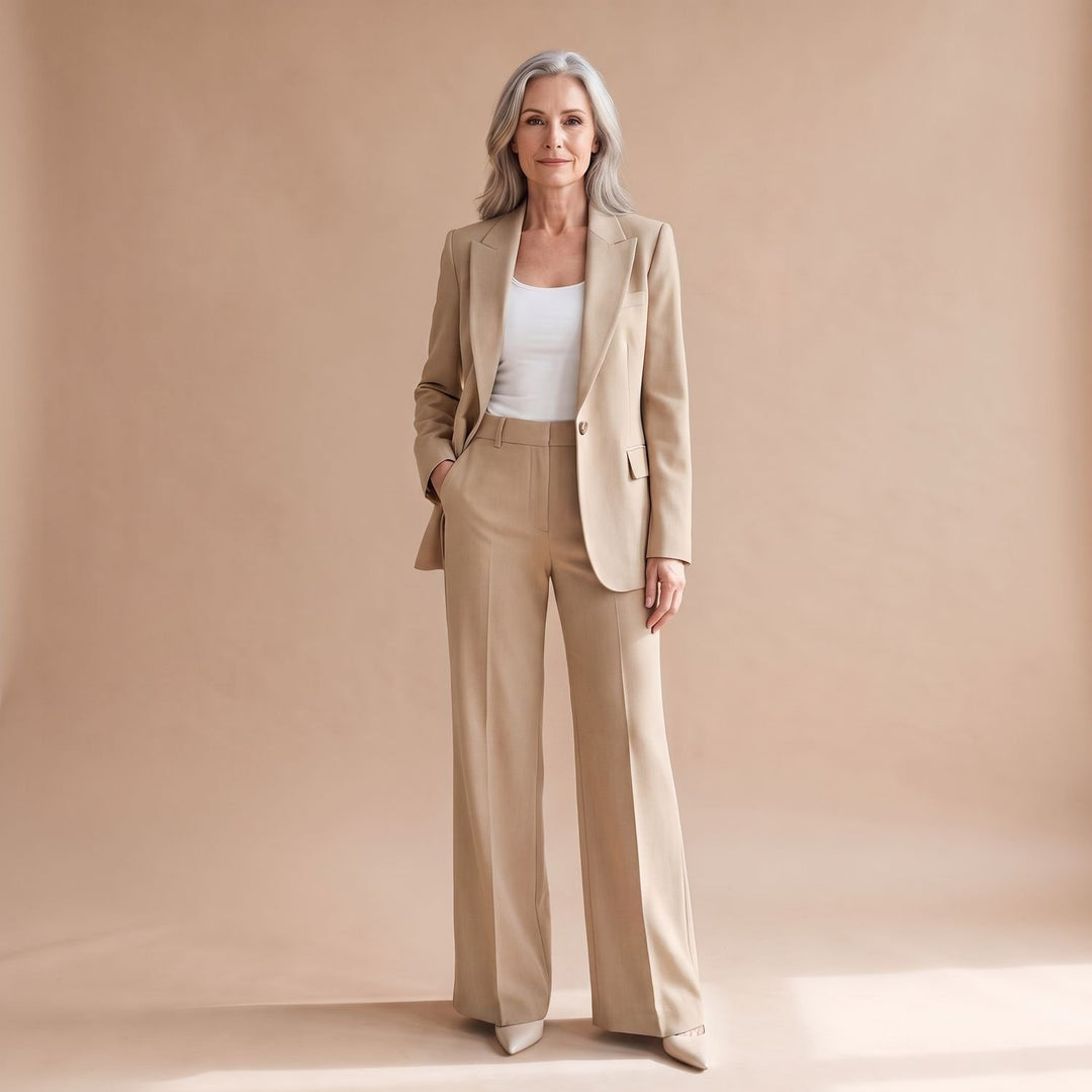 Women's Two Piece Set Blazer High-Waist Straight-Leg Pants Suit - Beige