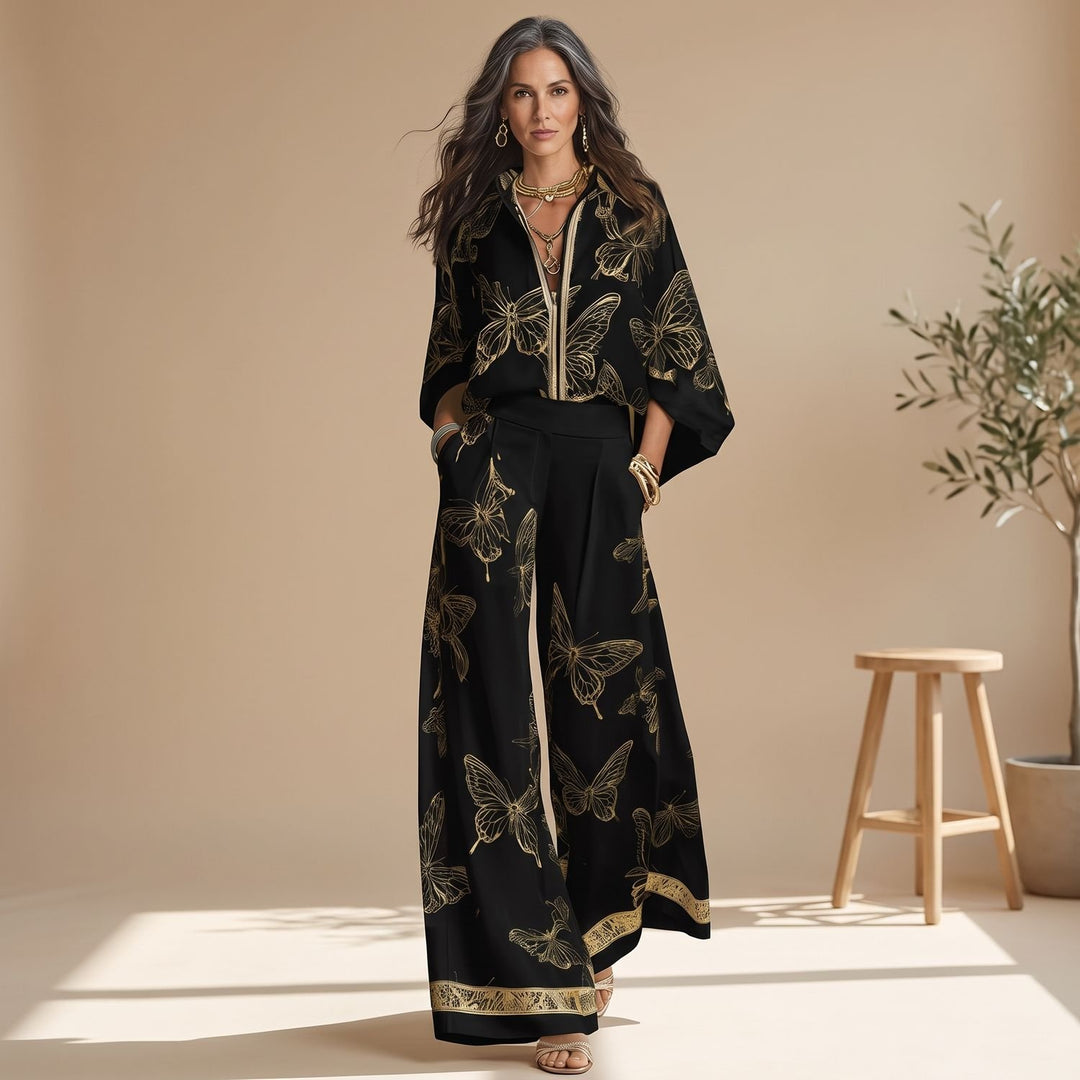 Women's Two Piece Set Butterfly Print Wide-Leg Pants Shirt - Black