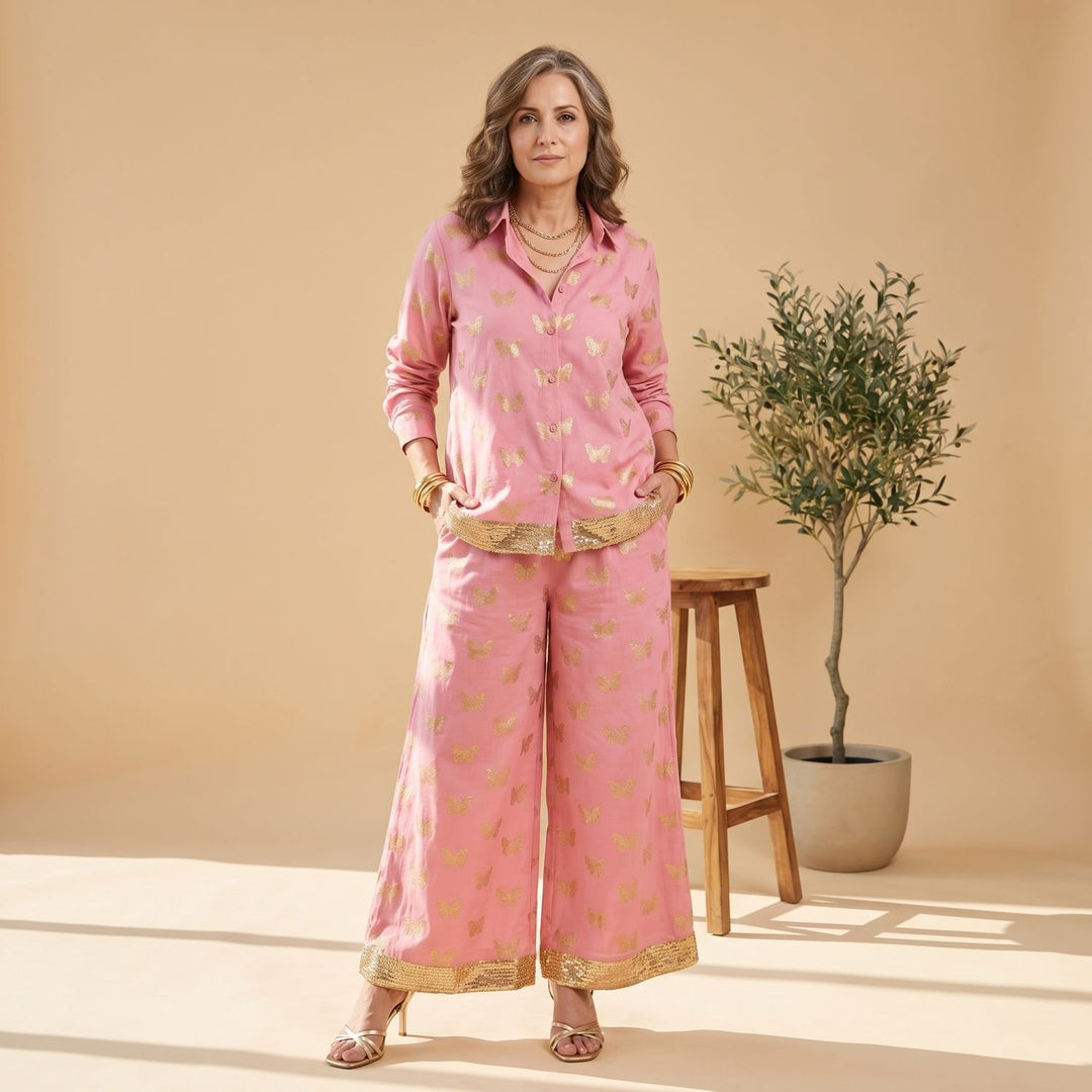 Women's Two Piece Set Butterfly Print Wide-Leg Pants Shirt - Pink